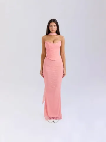 Damen Rüschen Schulterfrei Schlauchoberteil Und Bodycon Maxirock Oben Und Unten Mit Schal Dekor Elegantes Einfarbiges Polyester Set