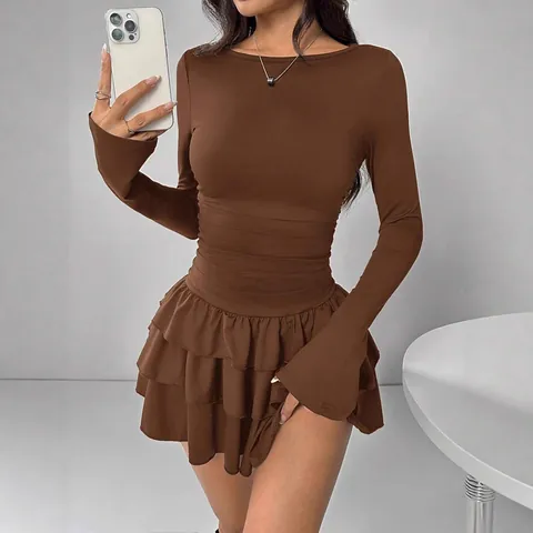 Women Elegant Solid Color Ruched Mini Dress Slim Fit Long Sleeve Round Neck Acid Wash Ruffle Tiered Hem Polyester Dress