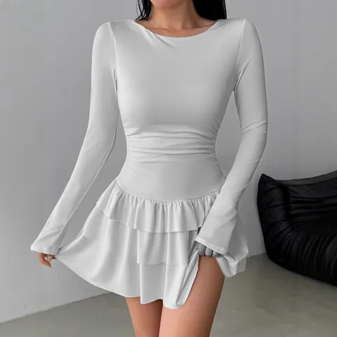 Women Elegant Solid Color Ruched Mini Dress Slim Fit Long Sleeve Round Neck Acid Wash Ruffle Tiered Hem Polyester Dress