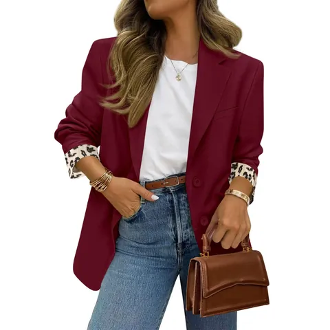 Blazer pour Femmes Doublure Léopard Col à Revers Deux Boutons Manches Longues Veste de Costume Professionnelle Top