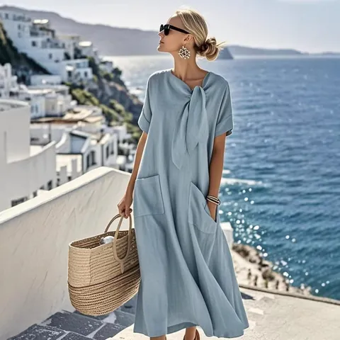 Women Summer Bow Neck Maxi Dress Short Sleeve Loose Fit Cotton Nylon Blend Solid Color Long Dress With Pockets Vacation Clothing