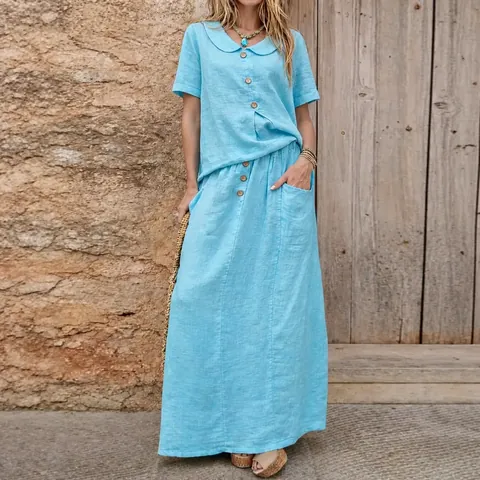 Women Cotton Two Piece Skirt Set Casual Short Sleeve Button Shirt Top And High Waist Long Skirt With Pockets Solid Color Outfits