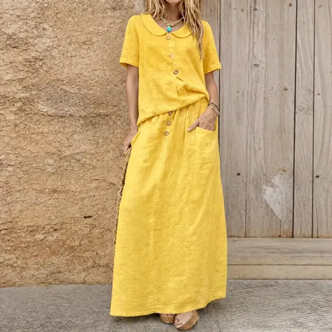 Women Cotton Two Piece Skirt Set Casual Short Sleeve Button Shirt Top And High Waist Long Skirt With Pockets Solid Color Outfits