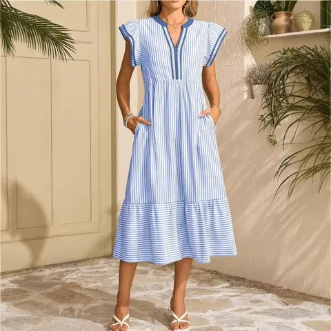 Women Casual Striped V Neck Flutter Sleeve Midi Dress Contrast Trim Ruffle Hem Summer Beach Fashion Sun Dress For Ladies
