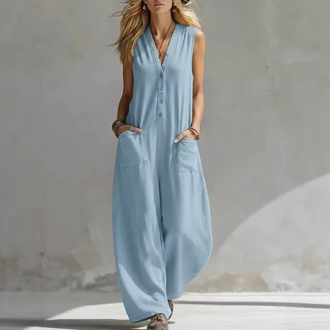 Tuta Intera da Donna Senza Maniche a Gamba Larga Minimalista in Cotone Scollo a V Tasche Doppie Top And Bottom