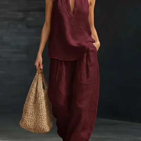 Ensemble Deux Pièces Décontracté pour Femmes Sans Manches Col en V Ample Polyester Pantalon Large Top And Bottom
