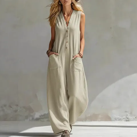 Tuta Intera da Donna Senza Maniche a Gamba Larga Minimalista in Cotone Scollo a V Tasche Doppie Top And Bottom