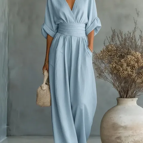 Women's Elegant V Neck Short Sleeve Jumpsuit Waist Cinched Wide Leg Long Pant Casual Solid Color Polyester Jumpsuit For Women