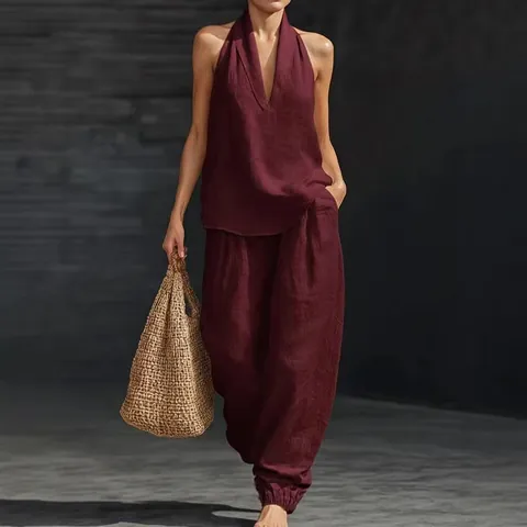 Women Sleeveless Halterneck Top And Wide Leg Pants Top And Bottom Set Casual Loose Polyester Stitching Co-ord Suit For Summer