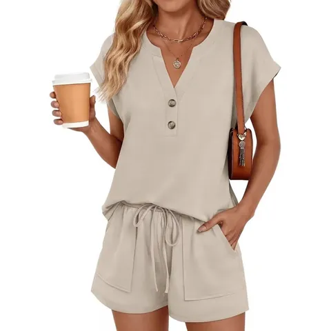 Haut Et Bas Femme Décontracté Col En V Bouton Manches Courtes T-Shirt Ample Et Short À Cordon Avec Poches Vêtements d'Été