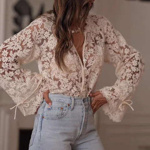 Women's Vintage Lace Blouse Elegant Hollow Out Floral Embroidery Long Sleeve Top Casual Loose Flare Sleeve Polyester Shirts