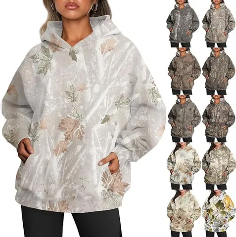 Women's Autumn Oversized Camouflage Hoodie Maple Leaf Printed Sporty Hooded Sweatshirt With Pocket Casual Streetwear Top