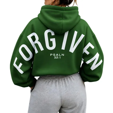 Women's Oversized Fleece Hoodie Letter Print FORGIVEN PSALM 32:1 Pullover Hooded Sweatshirt Western Streetwear Top