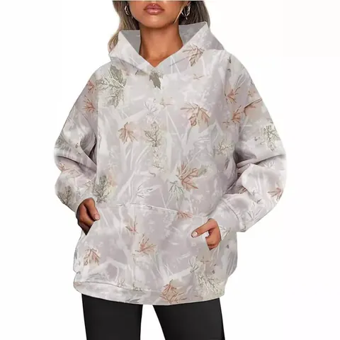 Women's Autumn Oversized Camouflage Hoodie Maple Leaf Printed Sporty Hooded Sweatshirt With Pocket Casual Streetwear Top