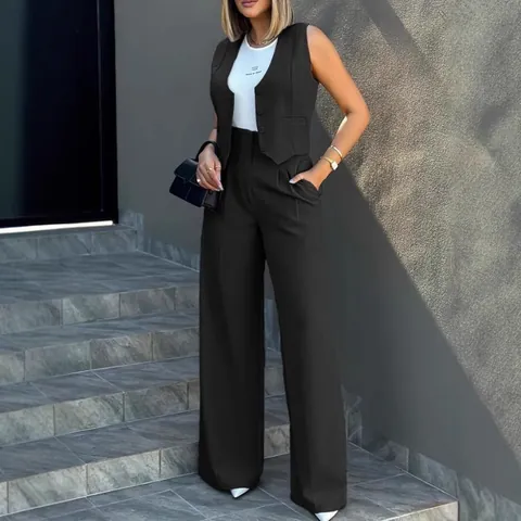 Femmes Gilet Costume Sans Manches Et Pantalon Jambes Larges Tenue Deux Pièces Couleur Unie Business Casual Top Et Bottom Costume Mode