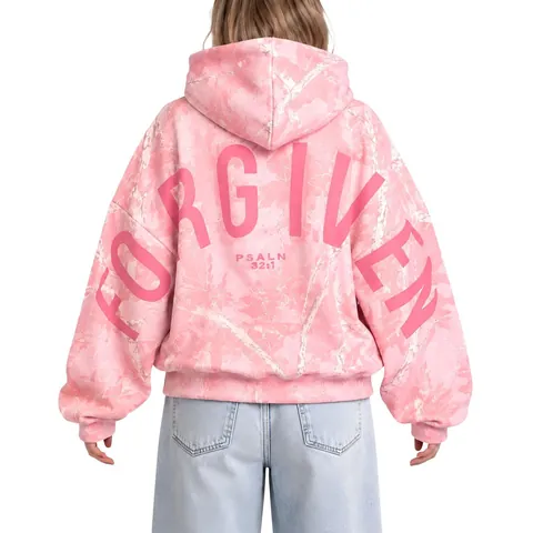 Women Oversized Hooded Sweatshirt Marble Acid Wash Print Long Sleeve Fleece Pullover Forgiven Psalm Letter Design Casual Top
