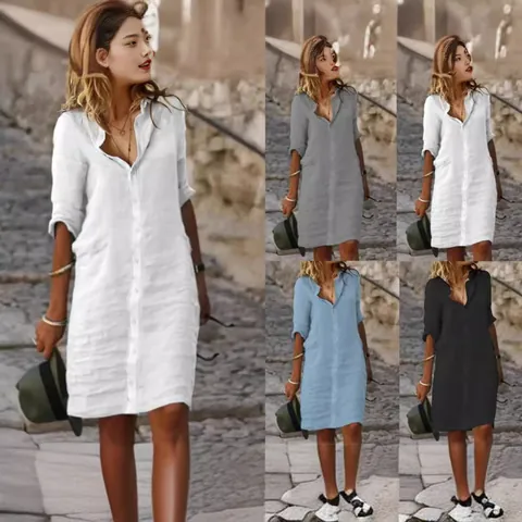 Robe Chemise Casual Couleur Unie en Coton Lin pour Femmes Col Rabattu Boutonnée Coupe Large Manches Mi-longues Patchwork Robe Midi