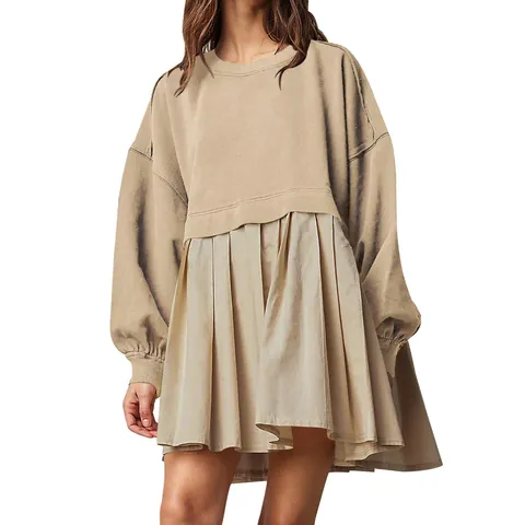 Women's Fake Two-Piece Sweatshirt Dress Loose Pleated Color Block Long Sleeve Top And Bottom For Autumn Winter 2023 Casual European Fashion Dress