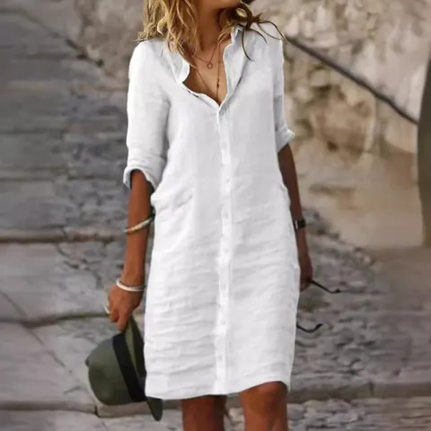 Robe Chemise Casual Couleur Unie en Coton Lin pour Femmes Col Rabattu Boutonnée Coupe Large Manches Mi-longues Patchwork Robe Midi