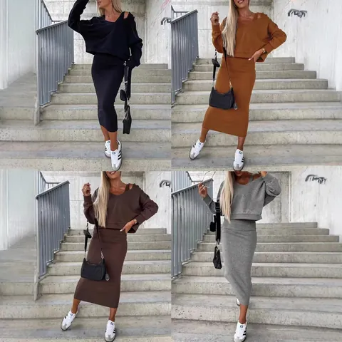 Women's Autumn Winter Two-Piece Set V-Neck Hooded Pullover Sweatshirt And Sleeveless Midi Dress Casual Solid Color Streetwear Suit