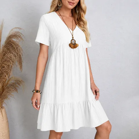 Women Summer Casual V-Neck Short Sleeve Crinkle Tiered Dress Loose Boho Beach Ruffle Hem Solid Color Polyester Mini Dress