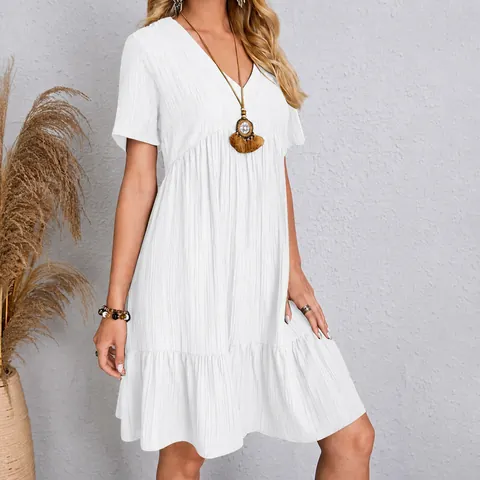 Women Summer Casual V-Neck Short Sleeve Crinkle Tiered Dress Loose Boho Beach Ruffle Hem Solid Color Polyester Mini Dress
