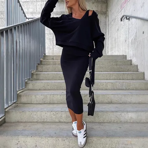 Women's Autumn Winter Two-Piece Set V-Neck Hooded Pullover Sweatshirt And Sleeveless Midi Dress Casual Solid Color Streetwear Suit