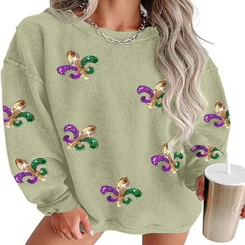 Sweat-shirt Femme Décontracté en Polyester Manches Longues Col Rond Brodé Mardi Gras Fleur De Lys
