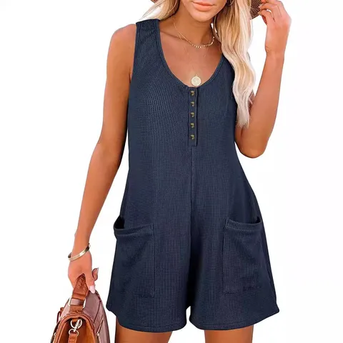 Tutina Casual da Donna in Maglia a Nido d'Ape Senza Maniche Scollo a V con Bottoni e Tasche Tuta Estiva Tinta Unita Corta