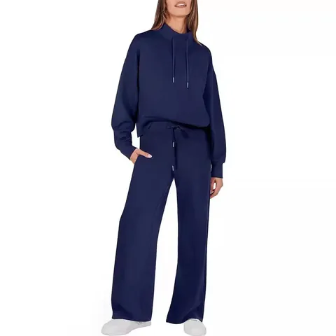 Women's Casual Polyester Top And Bottom With Drawstring Stand Collar Long Sleeve Sweatshirt And Wide Leg Pants Lounge Wear