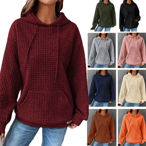 Sweat à Capuche Décontracté en Tricot Gauffré pour Femmes Couleur Unie Manches Longues avec Poche