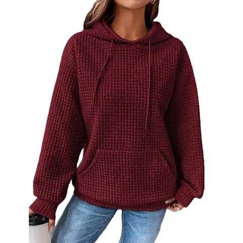 Sweat à Capuche Décontracté en Tricot Gauffré pour Femmes Couleur Unie Manches Longues avec Poche