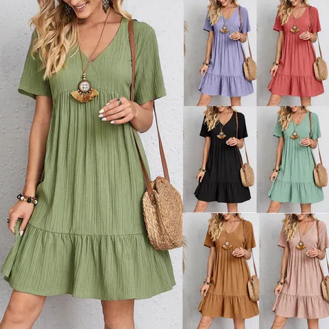 Women Summer Casual V-Neck Short Sleeve Crinkle Tiered Dress Loose Boho Beach Ruffle Hem Solid Color Polyester Mini Dress