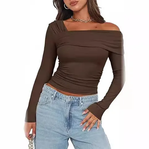 Haut à Manches Longues à Une Épaule pour Femmes Coupe Slim Style Y2K Encolure Asymétrique Sexy Streetwear Fête Clubwear Chemise en Polyester