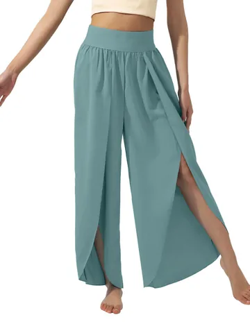 Pantalon Jambe Large Fendu à Taille Haute pour Femmes Été Décontracté Yoga Bas Ample Polyester Mercerisé Couleur Unie Mode
