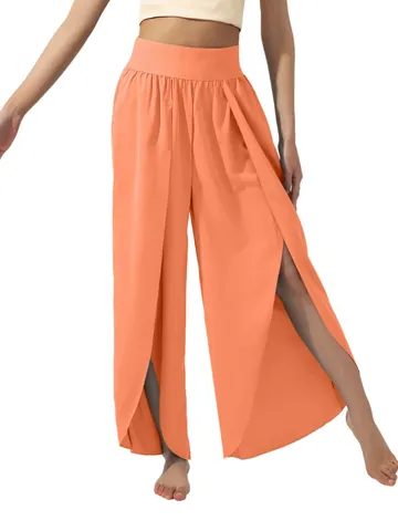 Pantalon Jambe Large Fendu à Taille Haute pour Femmes Été Décontracté Yoga Bas Ample Polyester Mercerisé Couleur Unie Mode