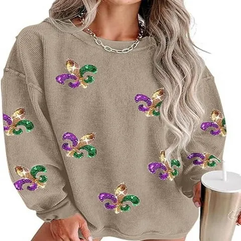 Sweat-shirt Femme Décontracté en Polyester Manches Longues Col Rond Brodé Mardi Gras Fleur De Lys