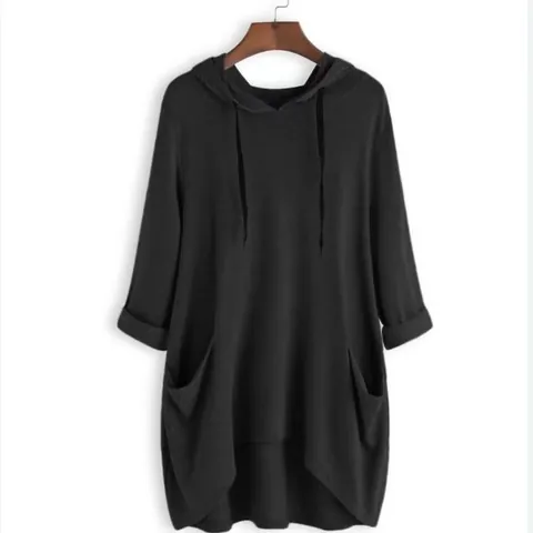 Damen Casual Kapuzen Langarm Top Einfarbig Lockerer Pullover Mit Taschen Unregelmäßiger Saum Polyester Hoodie T-Shirt