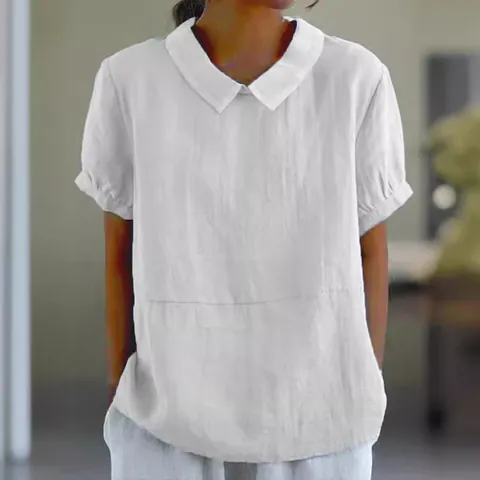 Women's Casual Cotton Short Sleeve Shirt Peter Pan Collar Patchwork Blouse Summer Fashion Comfortable Top For Ladies