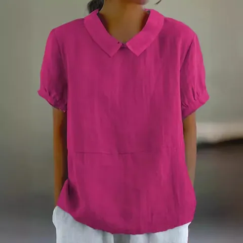 Women's Casual Cotton Short Sleeve Shirt Peter Pan Collar Patchwork Blouse Summer Fashion Comfortable Top For Ladies