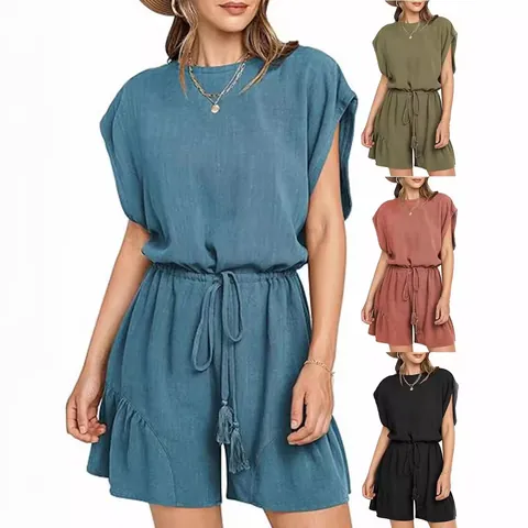 Pagliaccetto da Donna in Cotone e Lino Casual a Maniche Corte Con Coulisse in Vita con Nappine Bordo a Volant Tinta Unita Estate Spiaggia Outfit