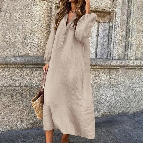 Women Cotton Linen V Neck Button Up Long Sleeve Maxi Dress Solid Color Loose Casual Boho Shirt Dress Elegant Long Robe