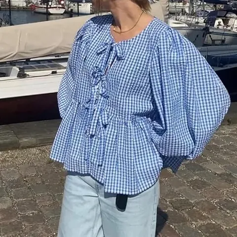 Blusa con Mangas Abullonadas para Mujer con Lazo en la Parte Delantera Cuello Redondo Top Peplum de Poliéster Bordado Camisa de Estilo Dulce Casual para Mujer