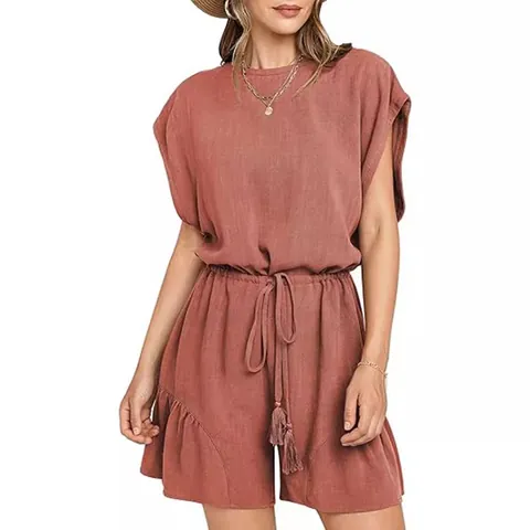 Pagliaccetto da Donna in Cotone e Lino Casual a Maniche Corte Con Coulisse in Vita con Nappine Bordo a Volant Tinta Unita Estate Spiaggia Outfit