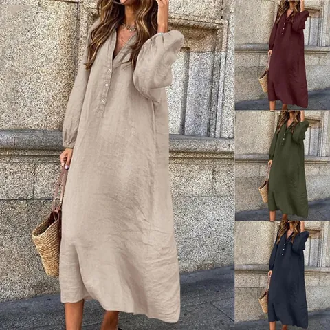Women Cotton Linen V Neck Button Up Long Sleeve Maxi Dress Solid Color Loose Casual Boho Shirt Dress Elegant Long Robe