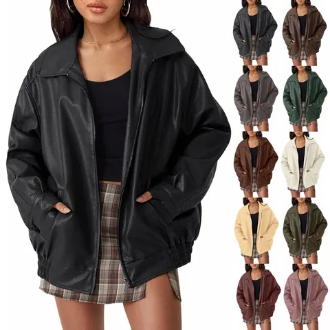 Women Oversized Faux Leather Jacket Vintage Motorcycle Biker Coat Loose Fit Long Sleeve Lapel Full Zip Outwear Top