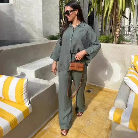 Ensemble Deux Pièces Décontracté en Coton et Lin pour Femmes Chemise à Manches Longues et Pantalon Large Top et Bottom Assortis