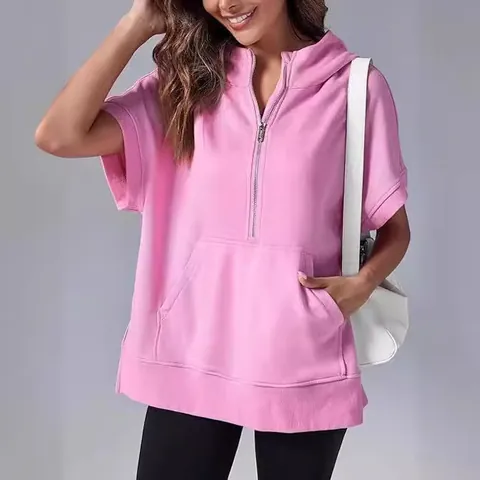 Women's Polyester Short Sleeve Hooded Sweatshirt Half Zip Casual Solid Color Hoodie Pullover Top With Kangaroo Pocket