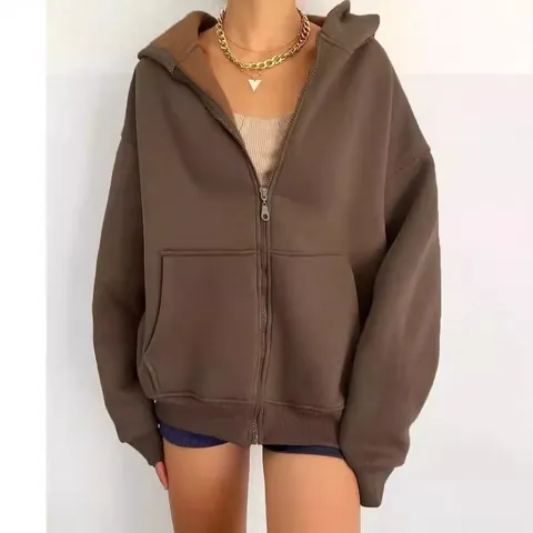 Women Oversized Zip Up Hoodie Jacket Casual Solid Long Sleeve Sweatshirt Top With Pockets Polyester Brushed Outerwear