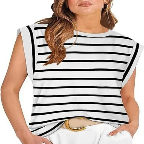 T-Shirt à Manches Capes pour Femmes Été Décontracté Col Rond Basique Polyester Élasthanne Rayé Couleur Unie